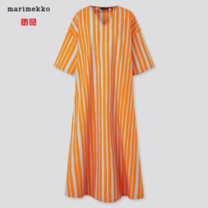 Marimekko x Uniqlo Orange Blue Striped Kaftan Caftan Dress Size Small Oversized